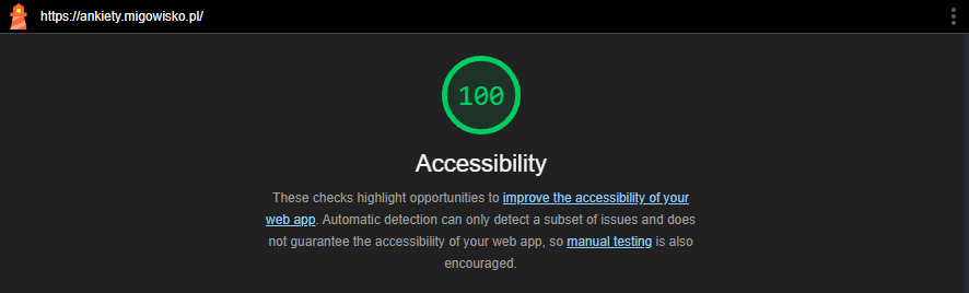 Wynik testu dostępności strony migowisko.pl/sztukamigania przeprowadzony w narzędziu Lighthouse. Wynik wynosi 100%.