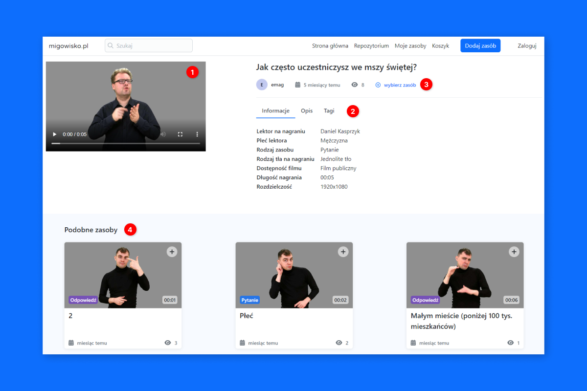 Widok szczegółów zasobu. Po lewej stronie widoczny jest podgląd filmu, po prawej stronie są informacje o zasobie. Poniżej znajdują się przykłady podobnych zasobów.