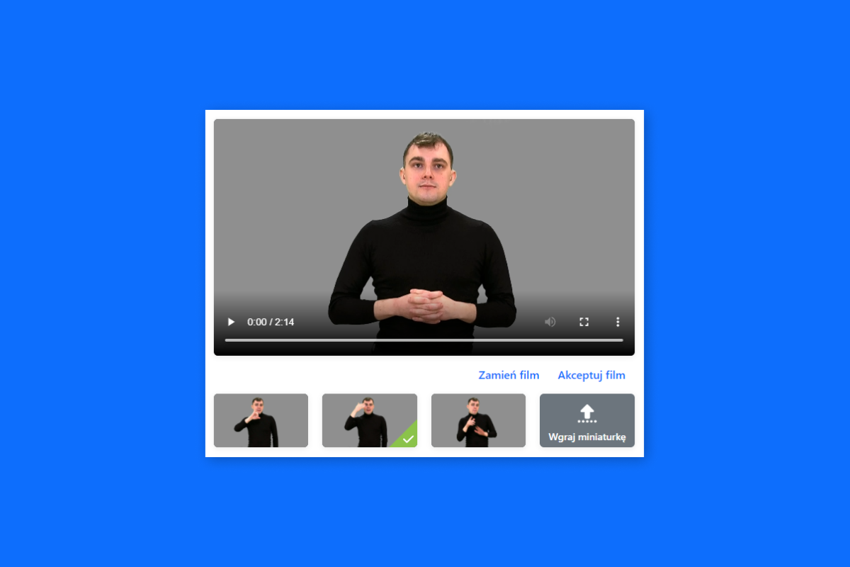 Widok okna z filmem. Pod filmem znajdują się trzy wygenerowane miniaturki.