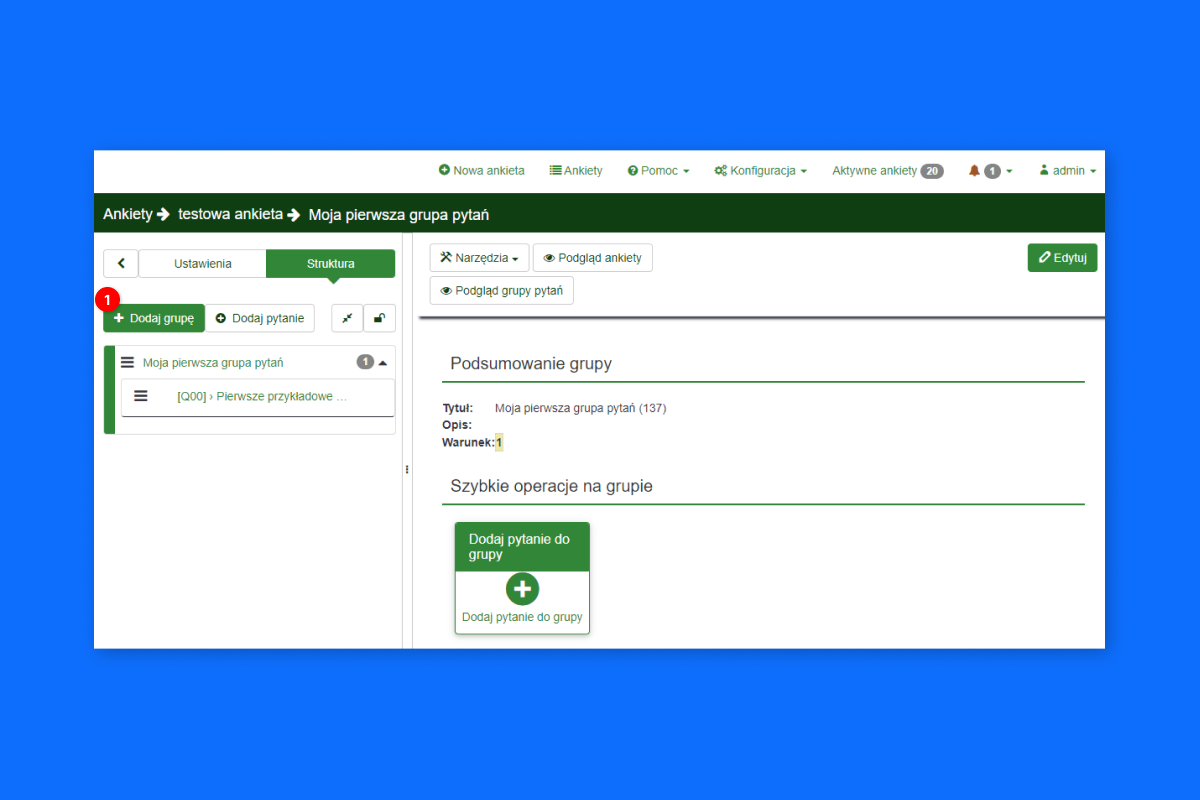 Okno aplikacji LimeSurvey. Widoczny jest przycisk dodawania nowej grupy pytań.