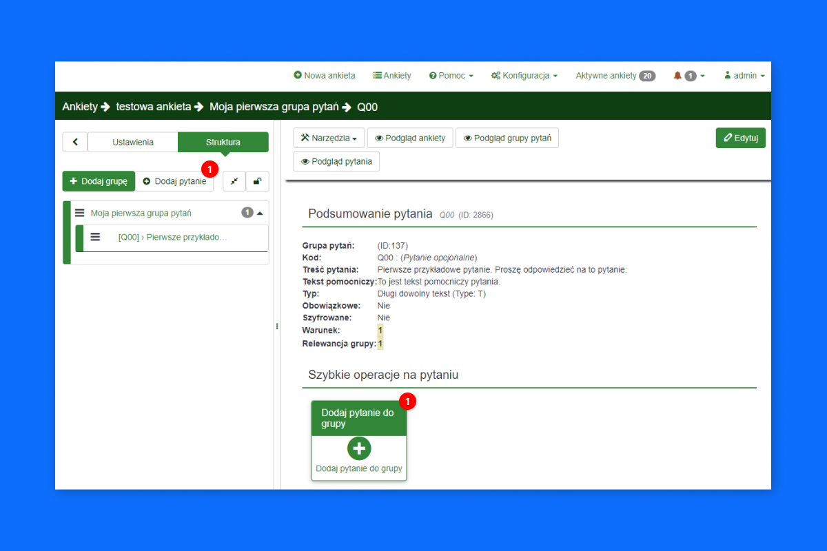 Okno aplikacji LimeSurvey. Widoczny jest przycisk dodawania nowego pytania do grupy.
