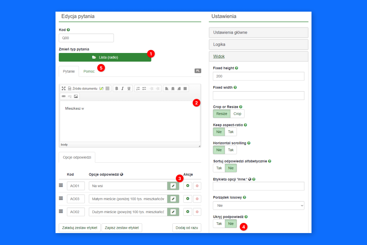 Okno z formularzem edycyjnym pytania.