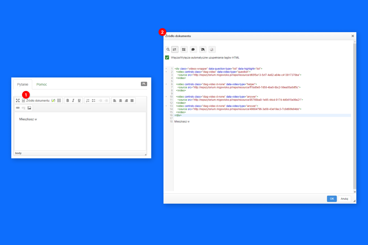 Dwa onkna koło siebie. Po lewej widoczne jest okno z polem do wpisywania treści pytania. Po prawej znajduje się podgląd kodów źródłowych pytania.