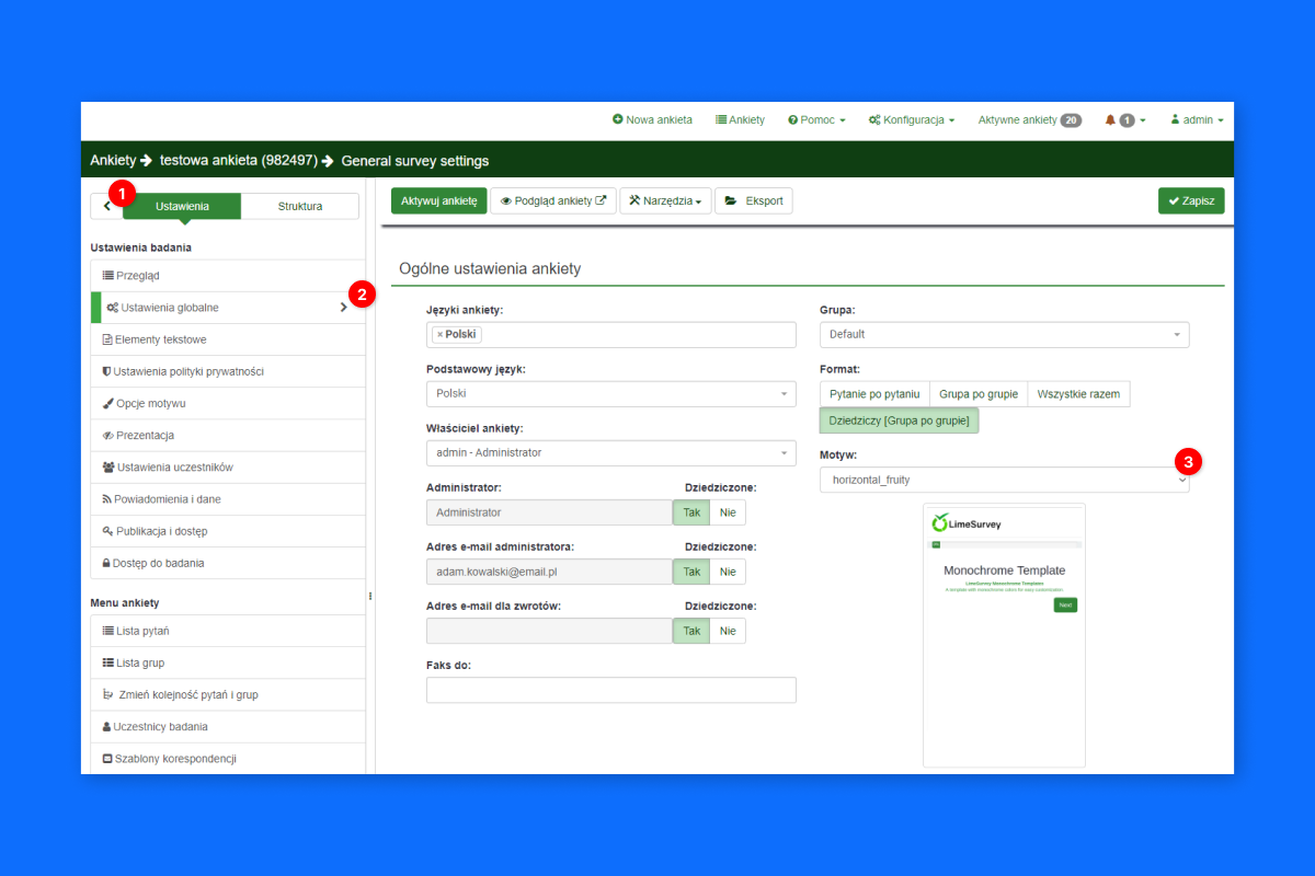 Okno ustawień ankiety. Widoczne są pola formularza z ustawieniami