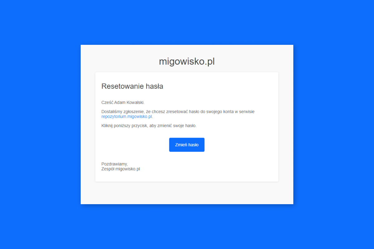 Widomość e-mail z informacją o resetowaniu hasła