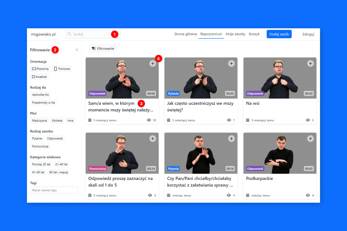 Widok listy zasobów. Po lewej stronie widoczny jest panel filtrowania. Po prawej stronie widocznych jest sześć zasobów.